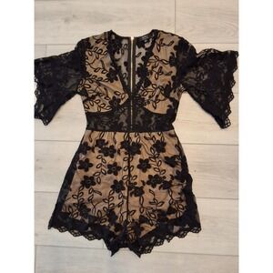 Privy Small Floral Sheer Lace at Waist Upper Neck & Arms with Tan Lining Romper